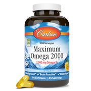 Carlson Maximum Omega 2000 bottle front with lemon-flavored soft gels for daily omega-3.