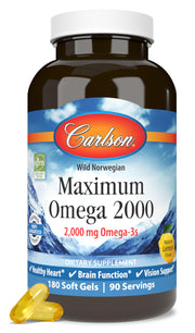 Carlson Maximum Omega2000 lemon softgel bottle highlights potent omega-3 from wild-caught fish.