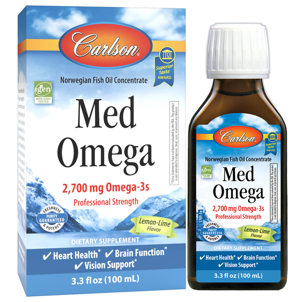 Carlson Med Omega Lemon-Lime bottle on desk, highlighting daily omega-3 intake