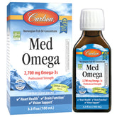 Carlson Med Omega Lemon-Lime bottle on desk, highlighting daily omega-3 intake