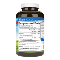 Carlson Mild-C bottle label closeup highlighting non-acidic vitamin C