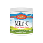 Carlson Mild-C vitamin C powder bottle on a counter, ready for daily use.