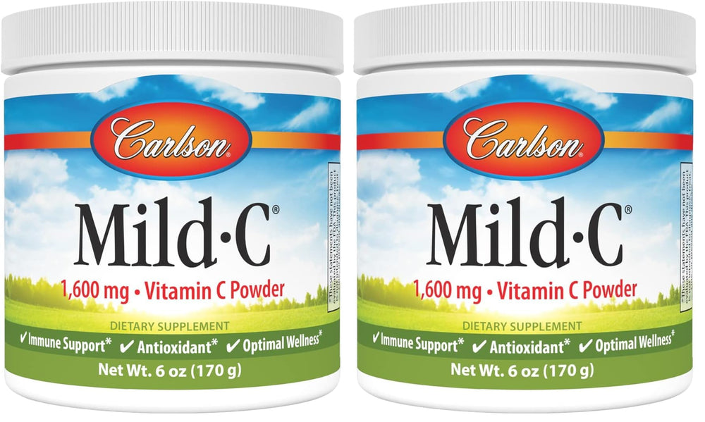Carlson Mild-C vitamin C powder bottle with label for immune support and daily use.