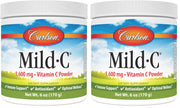 Carlson Mild-C vitamin C powder bottle with label for immune support and daily use.