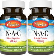 Carlson NAC 500 mg bottle with capsules visible for immune support.