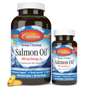 Carlson Norwegian Salmon Oil bottle highlights freshness and purity.