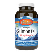 Carlson Salmon Oil bottle front showing omega-3 softgels for daily wellness