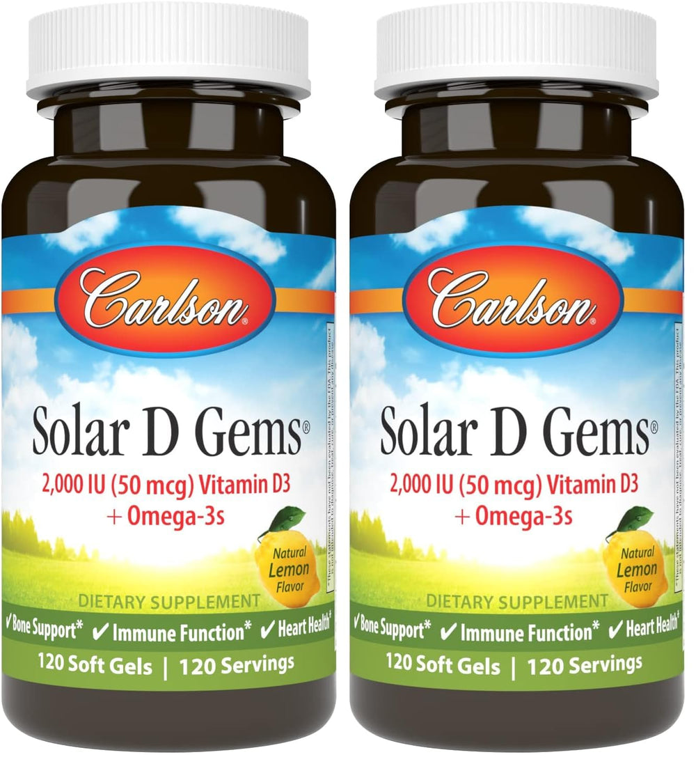 Carlson Solar D Gems bottle front view showing vitamin D3 softgels for daily support.