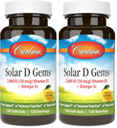 Carlson Solar D Gems bottle front view showing vitamin D3 softgels for daily support.