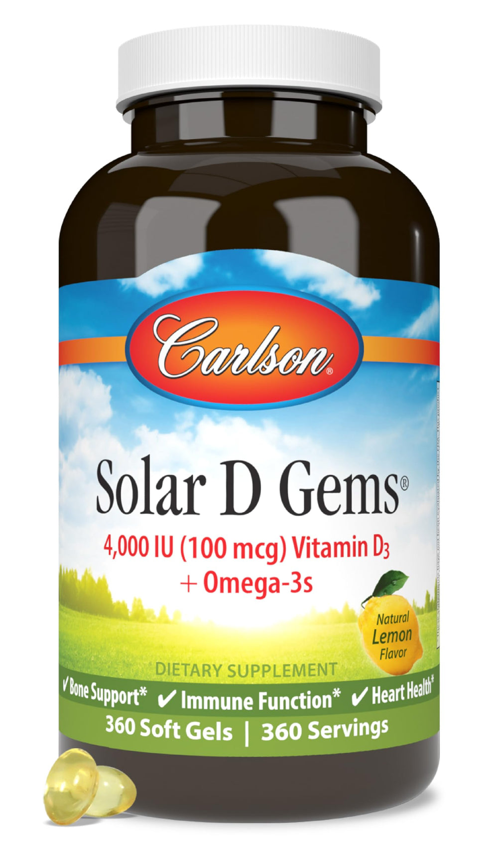 Carlson Solar D Gems bottle with lemon flavor for daily D3 and omega-3 intake