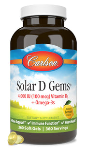 Carlson Solar D Gems bottle with lemon flavor for daily D3 and omega-3 intake