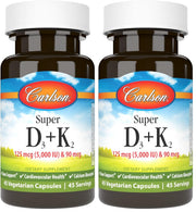 Carlson Super D3 K2 bottle front with D3 5000 IU and K2 90 mcg for bone support.