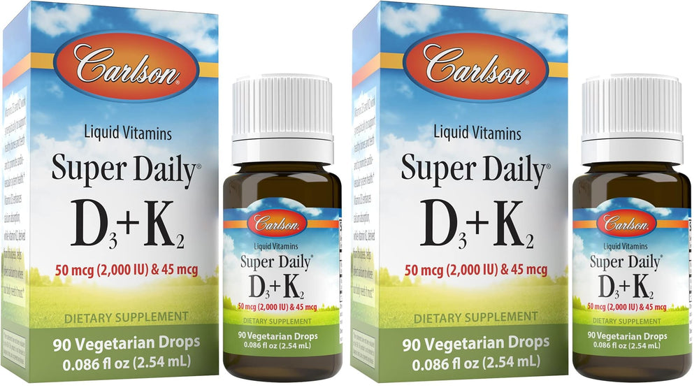 Carlson Super Daily D3 + K2 bottle drops shown for easy daily dosing