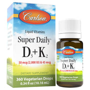 Carlson Super Daily D3 and K2 bottle highlights 50 mcg D3 and 45 mcg K2 for bone support.
