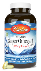 Carlson Super Omega-3 Gems bottle front view, highlighting high EPA and DHA.