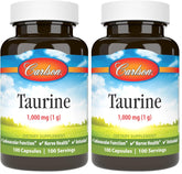 Carlson Taurine capsules bottle front, highlighting 1 g per capsule for daily nerve health support.