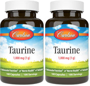 Carlson Taurine capsules bottle front, highlighting 1 g per capsule for daily nerve health support.