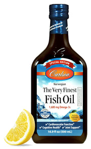 Carlson Very Finest Fish Oil lemon bottle supports heart and brain health.