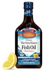 Carlson Very Finest Fish Oil lemon bottle supports heart and brain health.