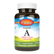 Carlson Vitamin A softgel bottle with 25,000 IU potency for eye support.