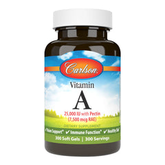 Carlson Vitamin A softgel bottle with 25,000 IU potency for eye support.