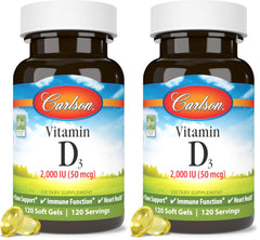 Carlson Vitamin D 2000 IU softgels bottle front view for daily routine.