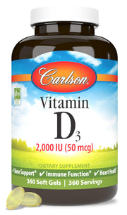 Carlson Vitamin D3 2000 IU softgel bottle supports bone health and immune function.