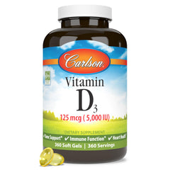 Carlson Vitamin D3 softgel bottle ready for daily bone and muscle support.