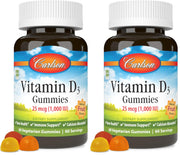 Carlson Vitamin D3 Gummies bottle front shows 1000 IU per gummy for bone health