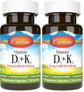 Carlson D3 + K2 bottle front highlighting 2000 IU D3 and 90 mcg MK-7 for bone support.
