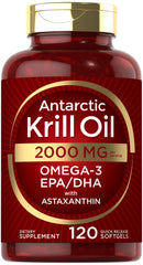 Carlyle Antarctic Krill Oil bottle shows maximum strength 2000 mg per softgel.