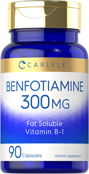 Carlyle Benfotiamine 300mg bottle cap close-up for daily wellness routines.
