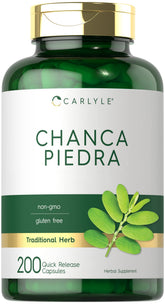 Carlyle Chanca Piedra 200 capsules bottle front, gluten-free and non-GMO for clean herbal use.