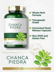 Carlyle Chanca Piedra label detail, highlights 500 mg per serving and purity.