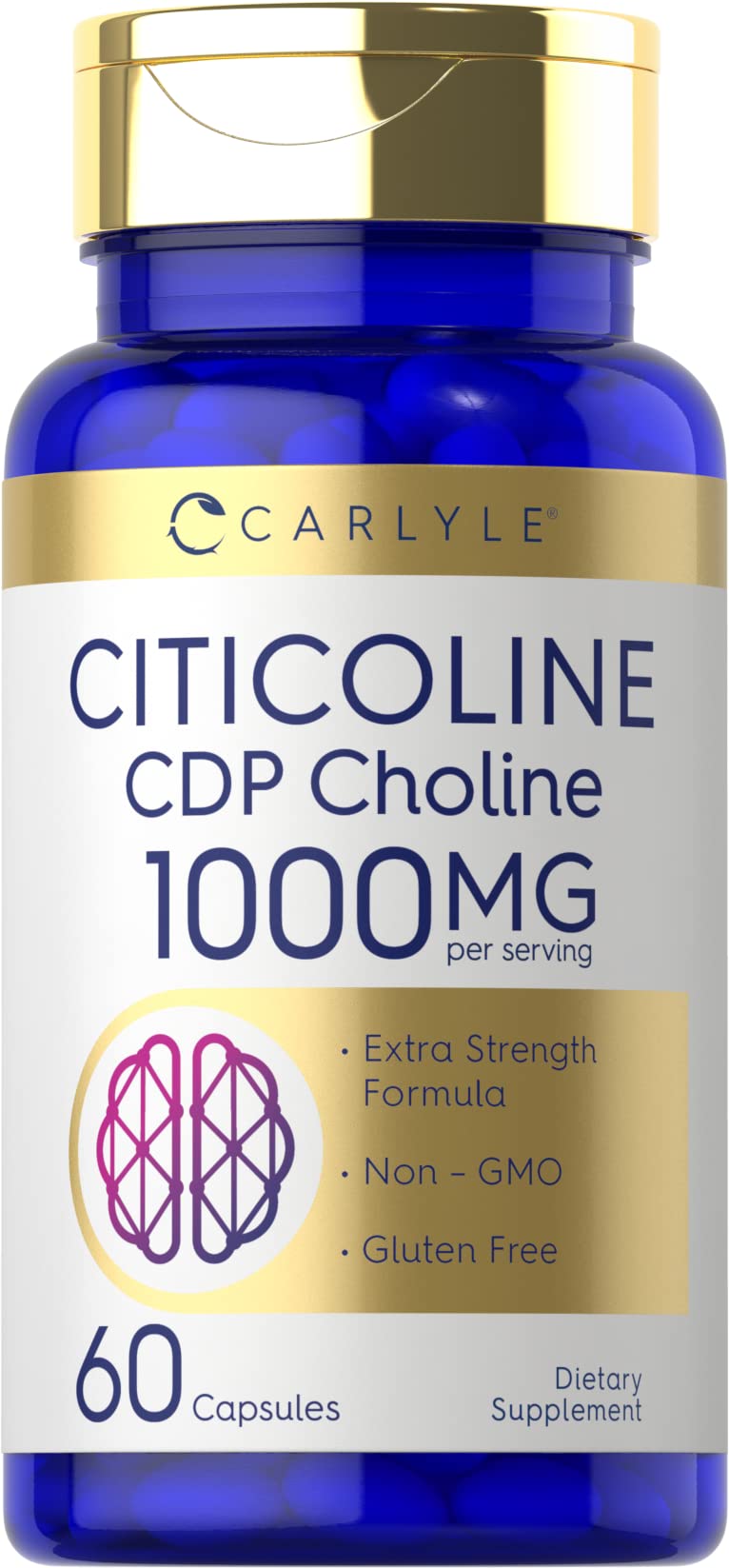 Carlyle Citicoline 1000mg bottle closeup highlighting dosage and premium quality