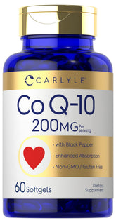 Carlyle CoQ10 200mg softgels bottle highlights enhanced absorption with black pepper