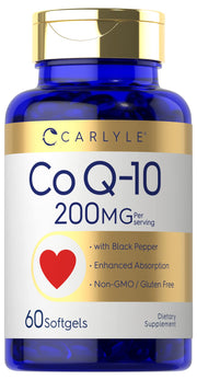 Carlyle CoQ10 200mg softgels bottle highlights enhanced absorption with black pepper