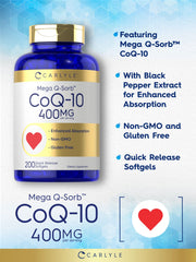 Carlyle CoQ10 400mg label highlights non-GMO and gluten-free formulation.