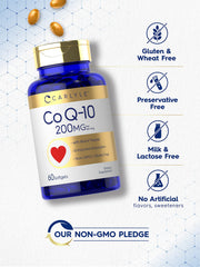 Carlyle CoQ10 label closeup highlights gluten-free and non-GMO formulation