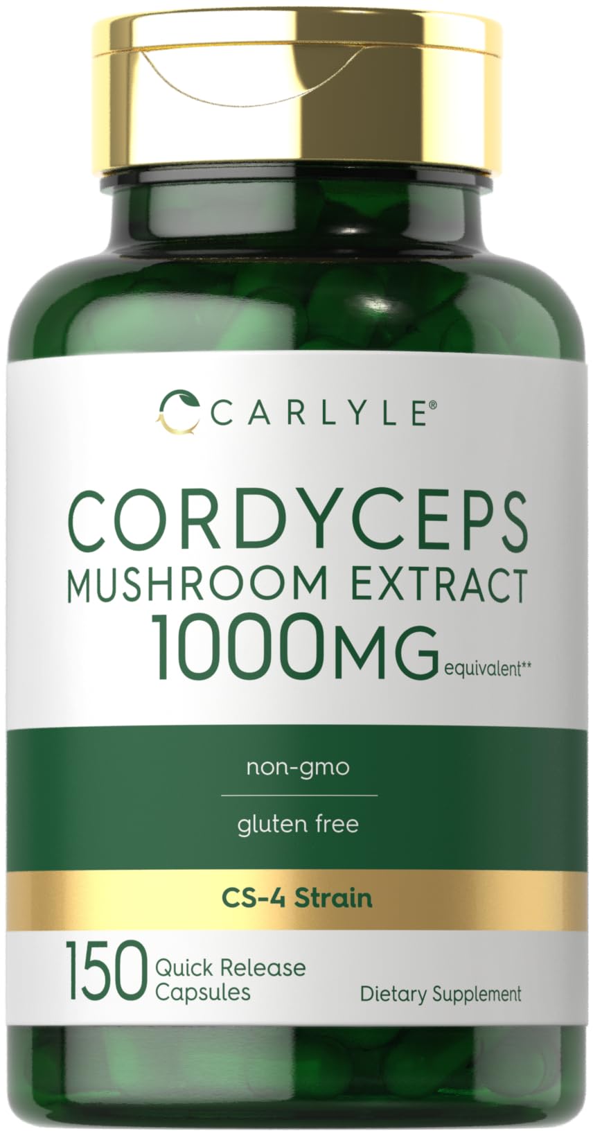 Carlyle Cordyceps bottle front shows 150-count capsules for daily wellness