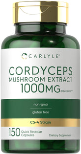 Carlyle Cordyceps bottle front shows 150-count capsules for daily wellness