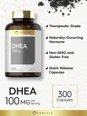 Carlyle DHEA 100mg bottle side view illustrating compact packaging.
