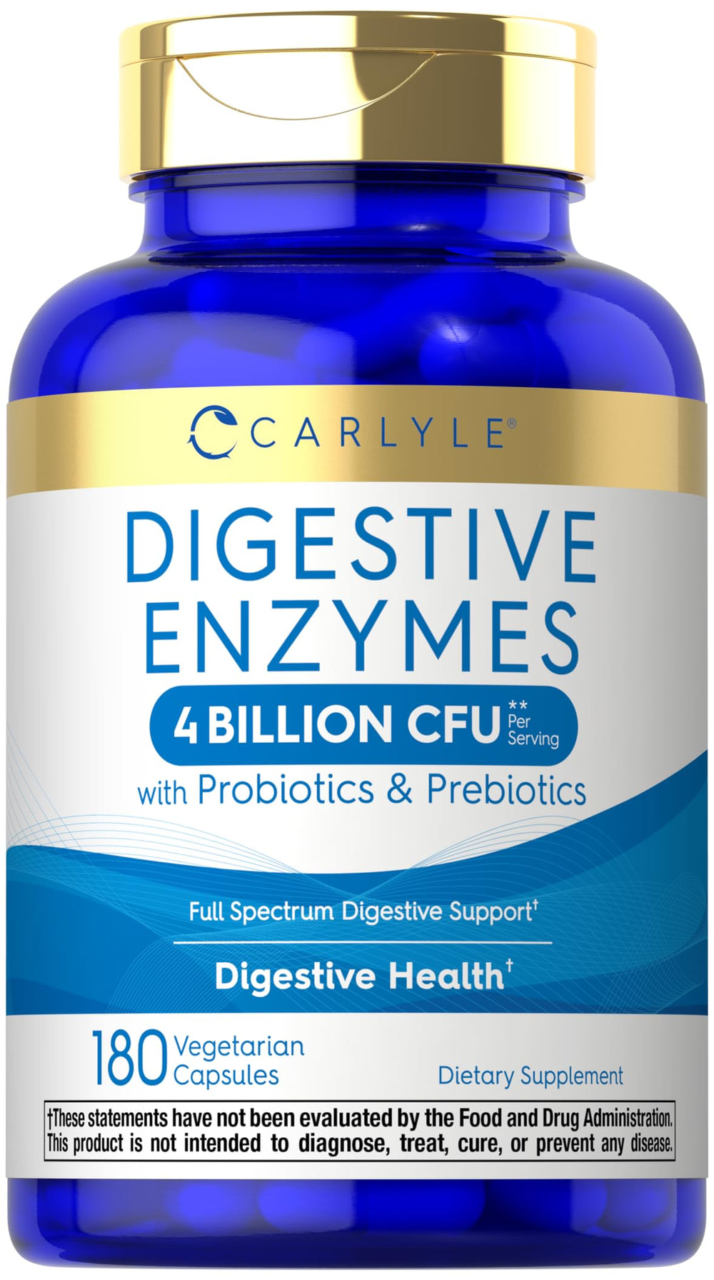Carlyle Digestive Enzymes bottle shows a full-spectrum blend for digestive support