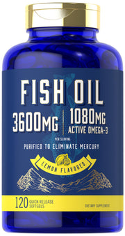 Carlyle Fish Oil 3600mg bottle with lemon flavor for daily omega-3 intake.