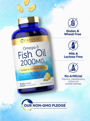Carlyle Fish Oil bottle nutrition label highlighting gluten-free and non-GMO features.