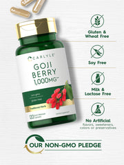 Carlyle Goji Berry 1000mg bottle back shows serving information.