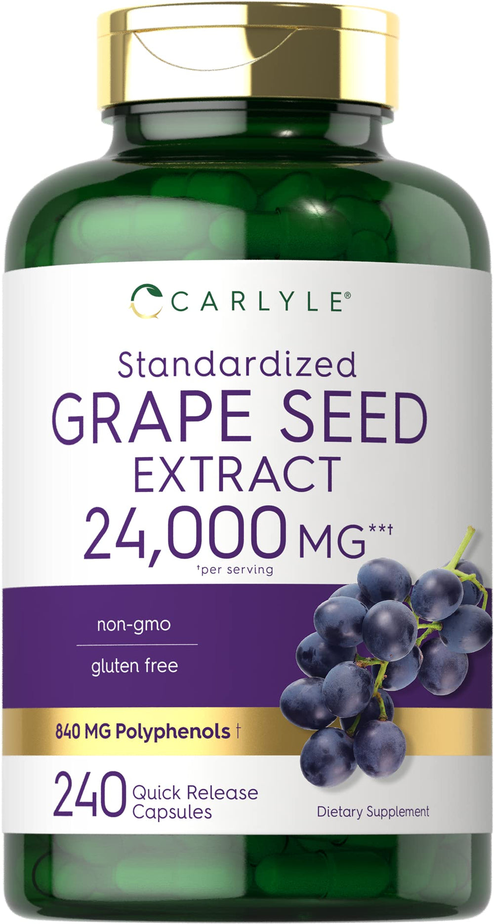 Carlyle Grape Seed Extract bottle highlighting high potency and quality.