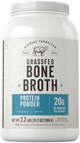 Carlyle grass-fed bone broth powder jar shows high protein formula.