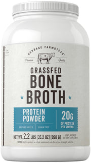 Carlyle grass-fed bone broth powder jar shows high protein formula.