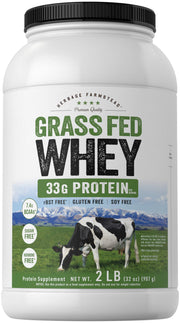 Carlyle Grass Fed Whey Protein Powder 2lb container highlighting 33g protein per serving for daily fueling.
